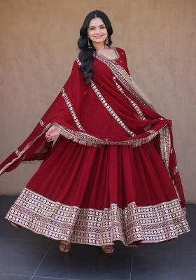 Maroon Beads Work Faux Blooming Anarkali With Dupatta