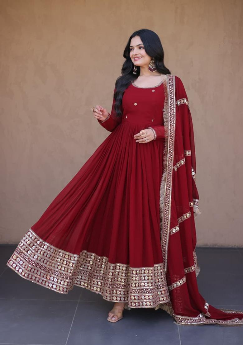 Maroon Beads Work Faux Blooming Anarkali With Dupatta - Indya