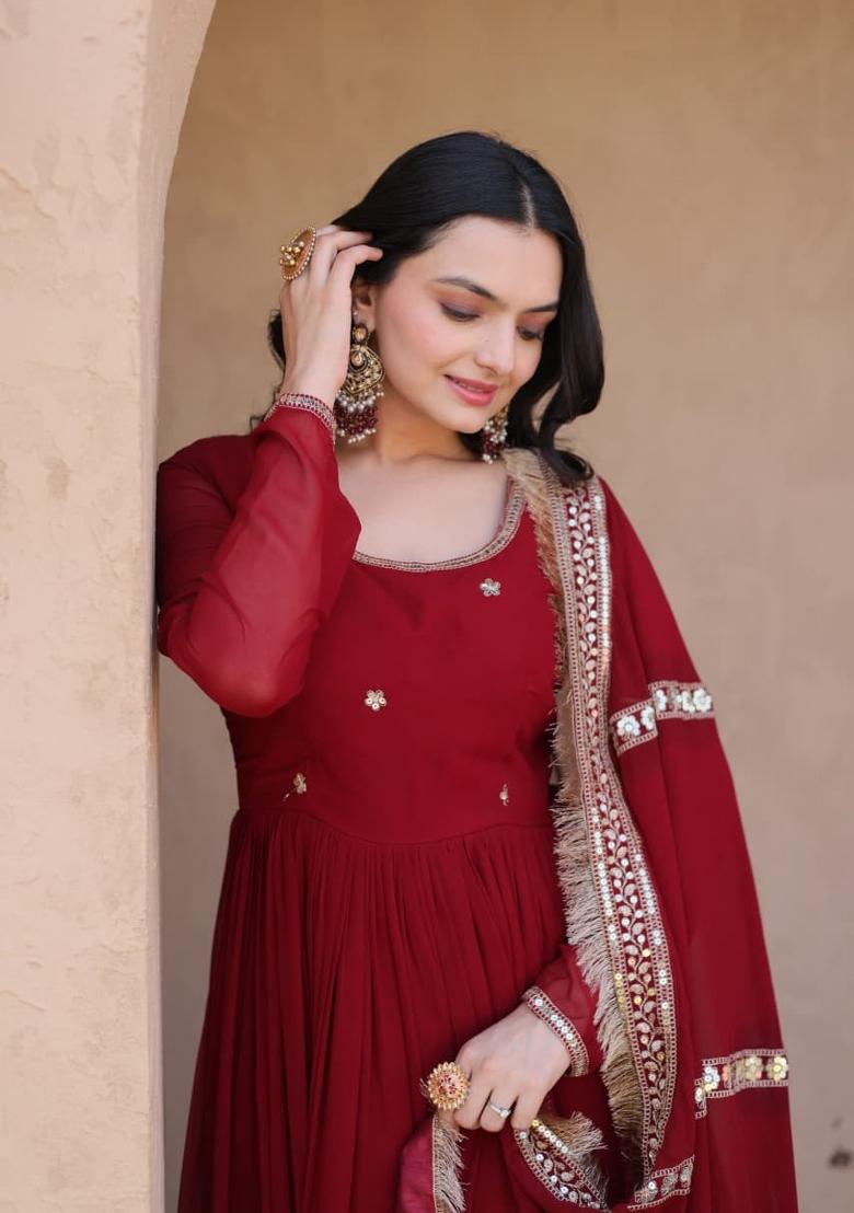 Maroon Beads Work Faux Blooming Anarkali With Dupatta - Indya