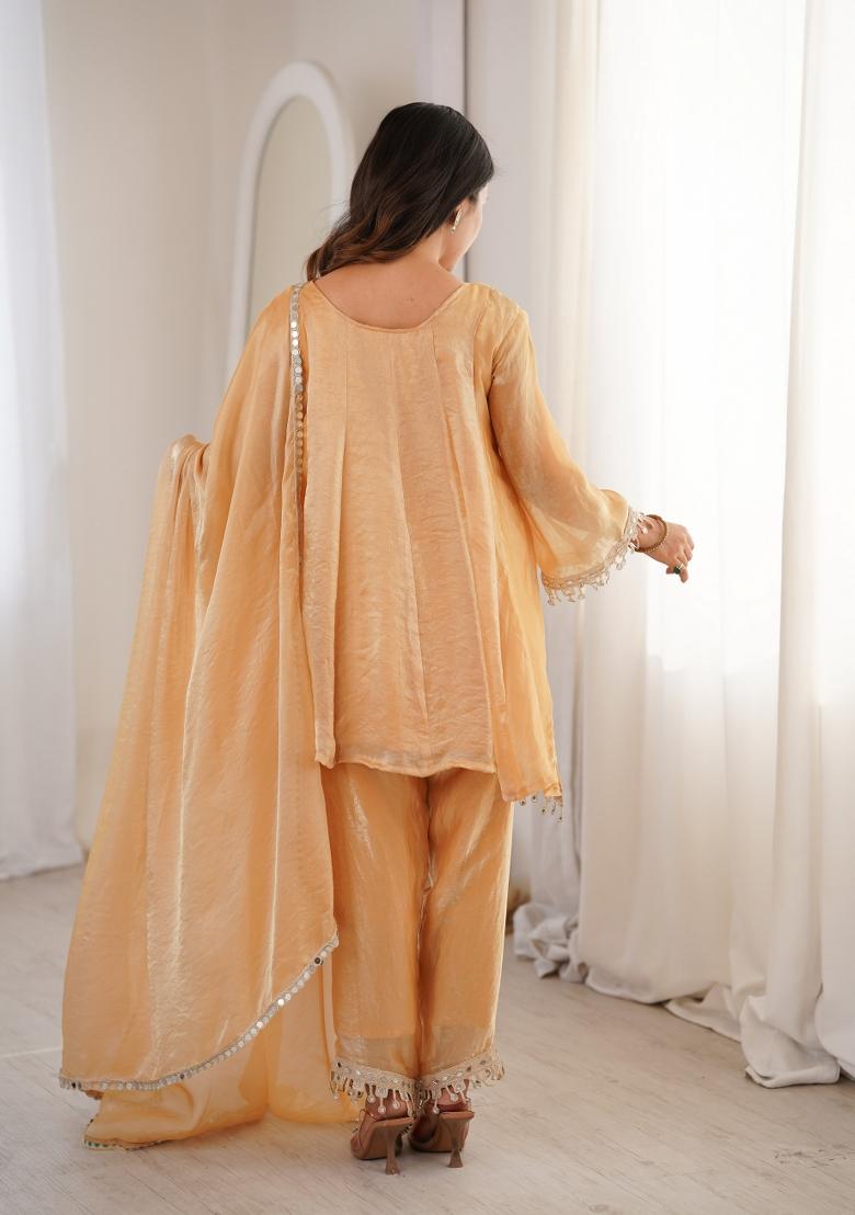 Brown Embroidery Tissue Kurta Set - Indya
