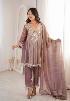 Purple Embroidery Tissue Kurta Set