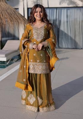 Golden Embroidery Chiffon Kurta Set