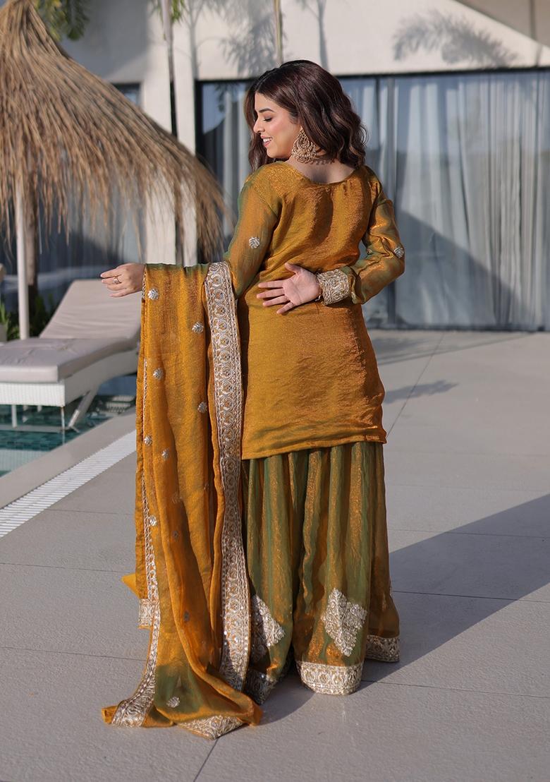 Golden Embroidery Chiffon Kurta Set - Indya