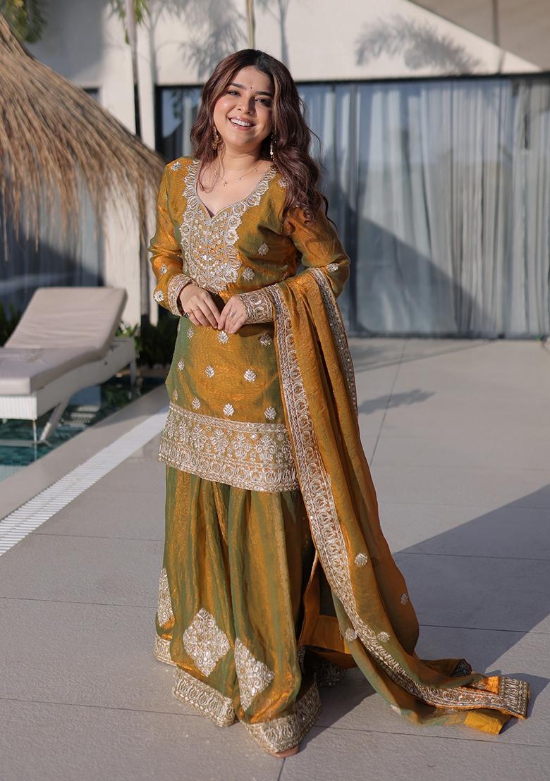 Golden Embroidery Chiffon Kurta Set - Indya