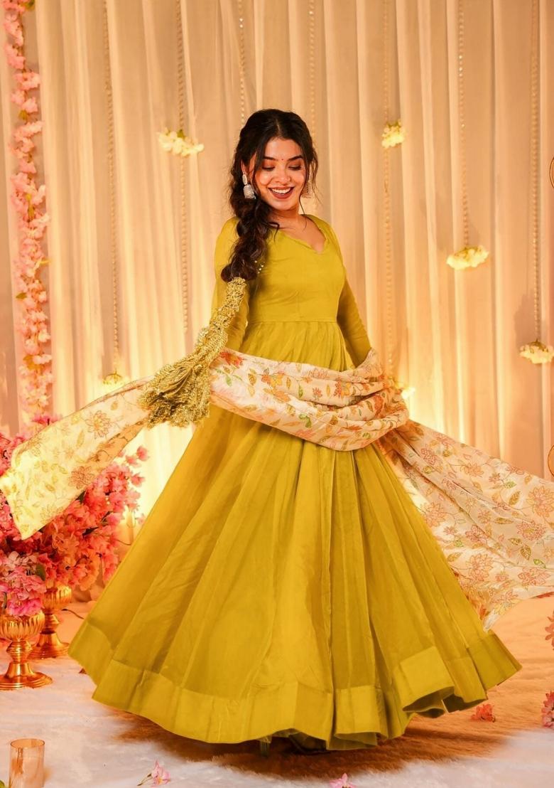 Mustard Printed Silk Kurta Set - Indya