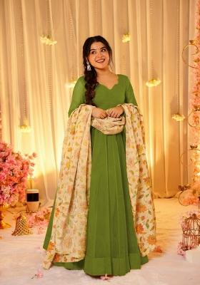 Green Printed Silk Kurta Set