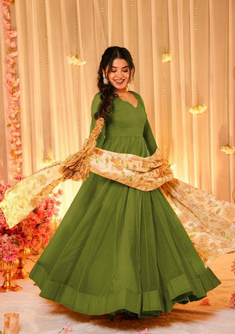 Green Printed Silk Kurta Set - Indya