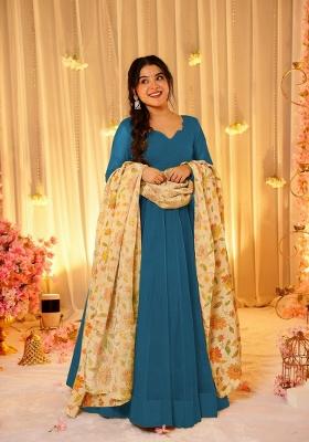 Blue Printed Silk Kurta Set