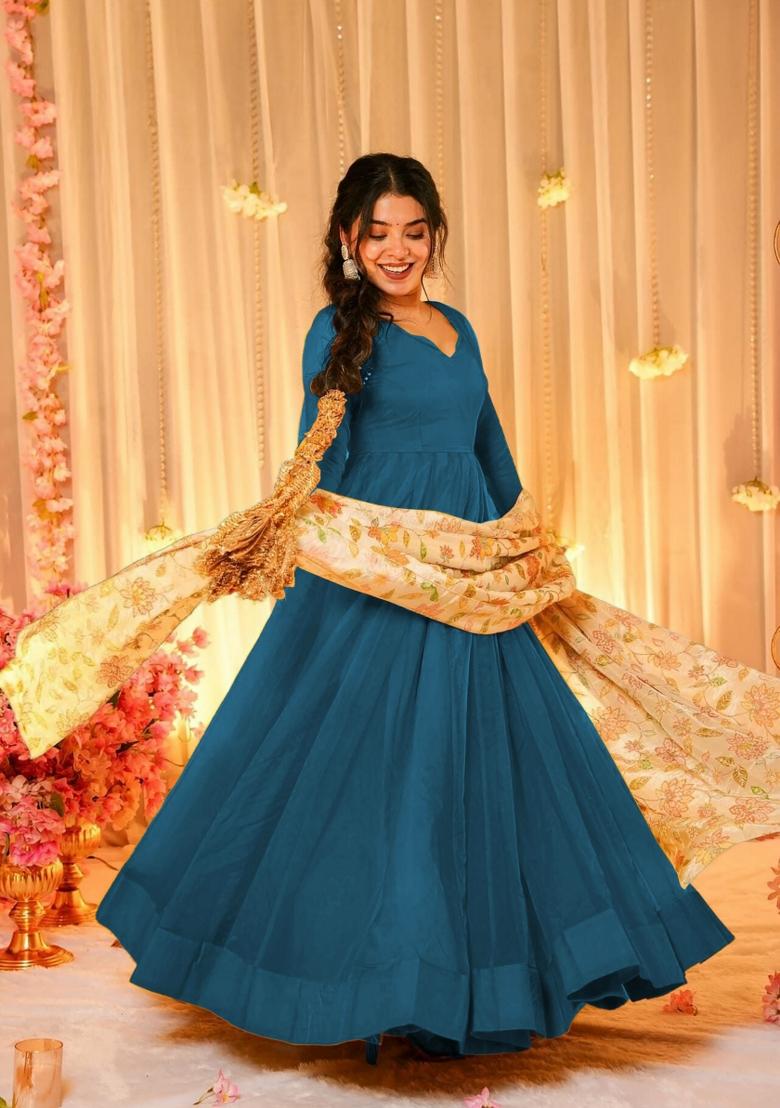 Blue Printed Silk Kurta Set - Indya