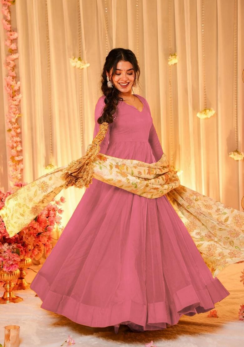 Pink Printed Silk Kurta Set - Indya