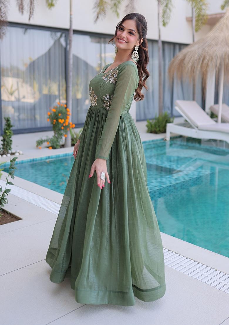 Green Embroidery Silk Gown - Indya