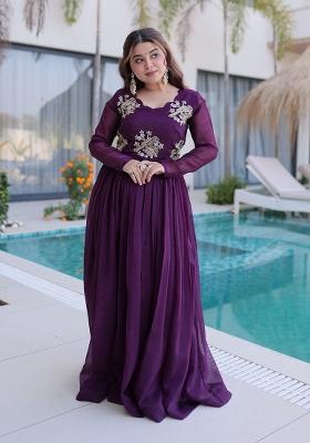 Wine Embroidery Silk Gown