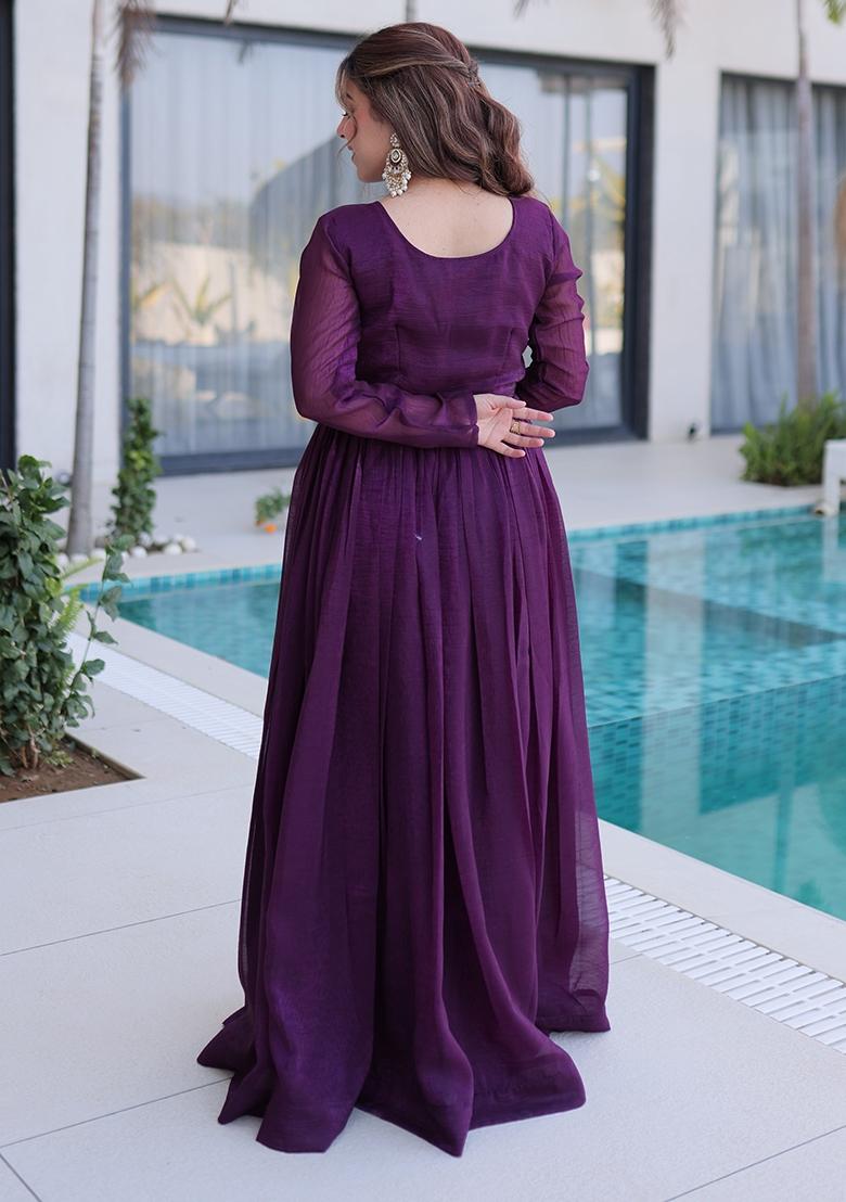 Wine Embroidery Silk Gown - Indya
