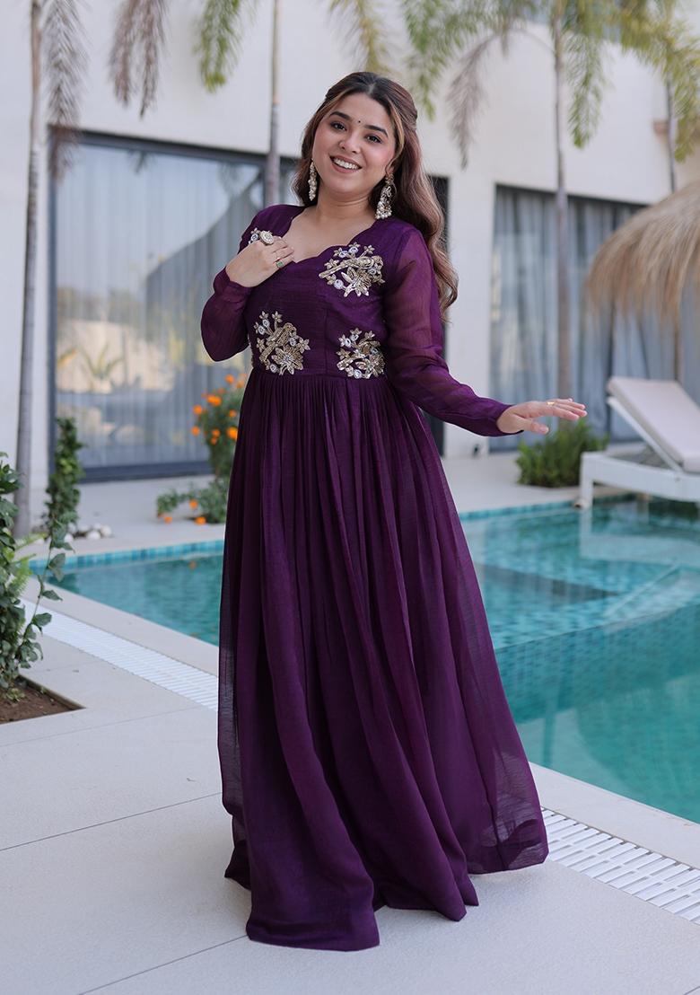 Wine Embroidery Silk Gown - Indya