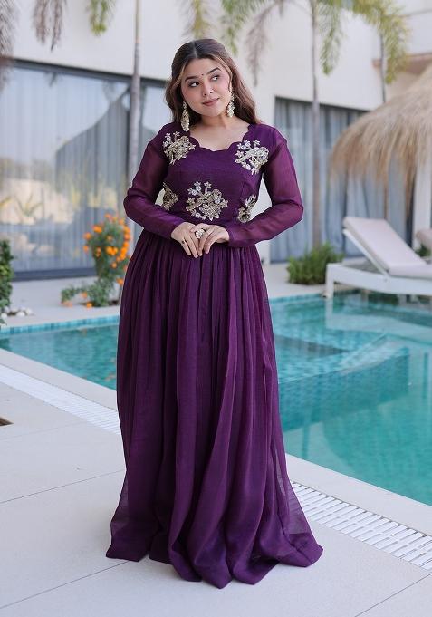Wine Embroidery Silk Gown