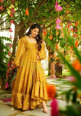 Mustard Printed Silk Gown
