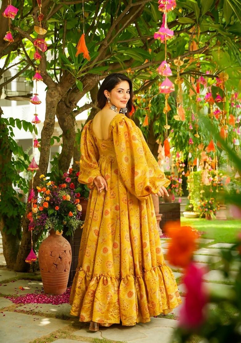 Mustard Printed Silk Gown - Indya