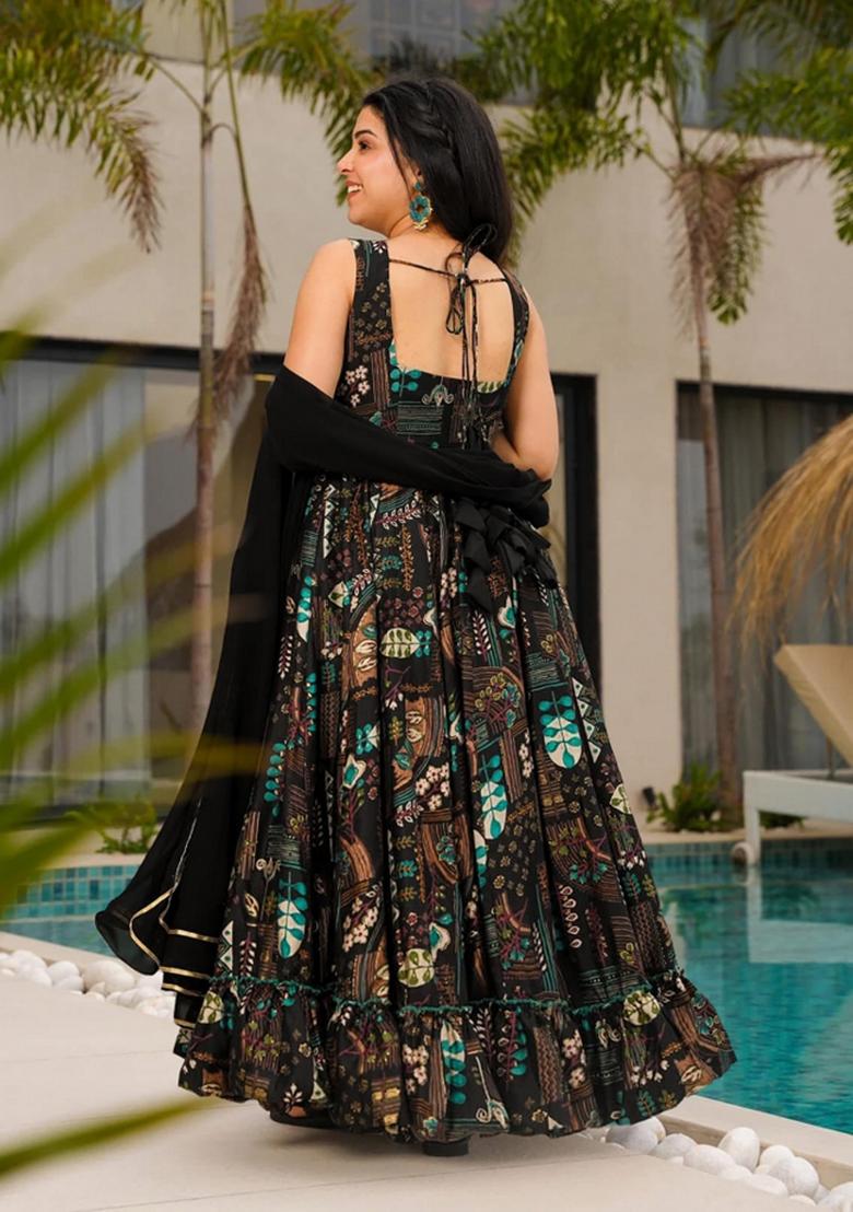 Black Printed Silk Gown With Dupatta - Indya