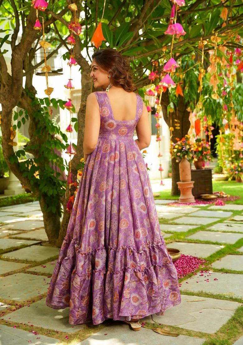 Purple Printed Silk Gown - Indya