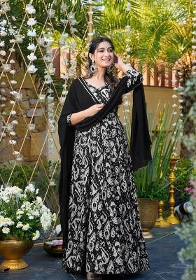 Black Printed Rayon Gown With Dupatta