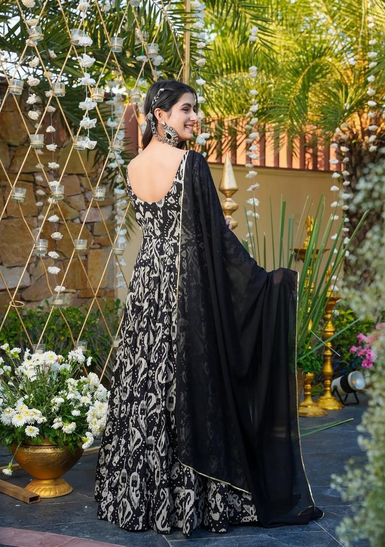 Black Printed Rayon Gown With Dupatta - Indya