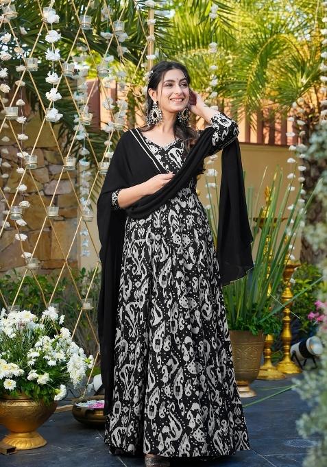 Black Printed Rayon Gown With Dupatta