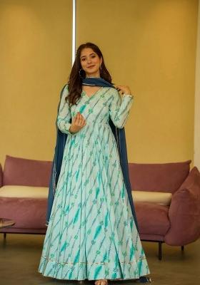 Sea Green Printed Rayon Gown With Dupatta