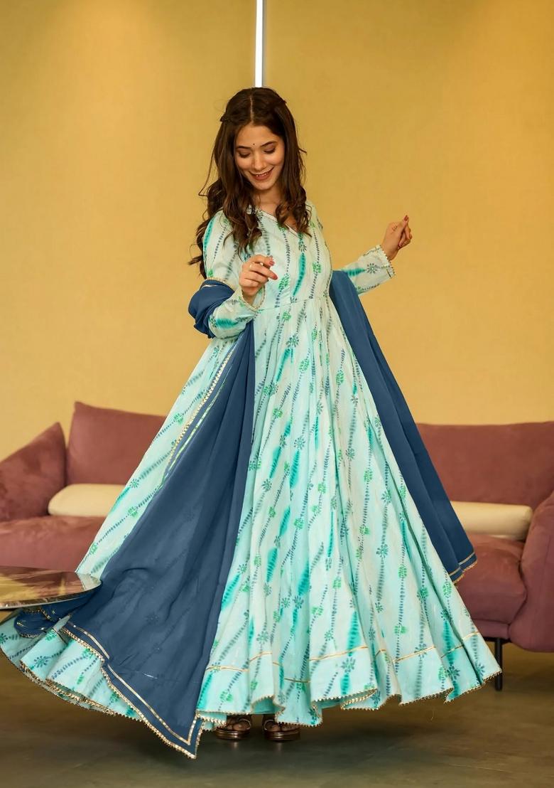 Sea Green Printed Rayon Gown With Dupatta - Indya