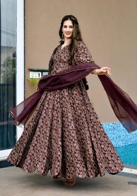 Brown Printed Rayon Gown With Dupatta