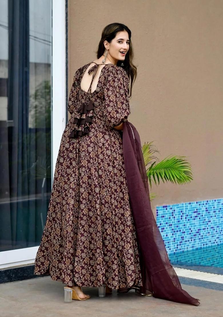 Brown Printed Rayon Gown With Dupatta - Indya