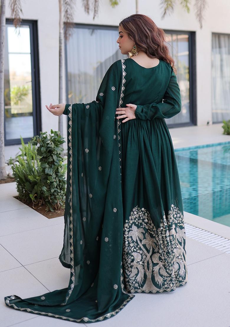 Green Embroidery Silk Gown With Dupatta - Indya