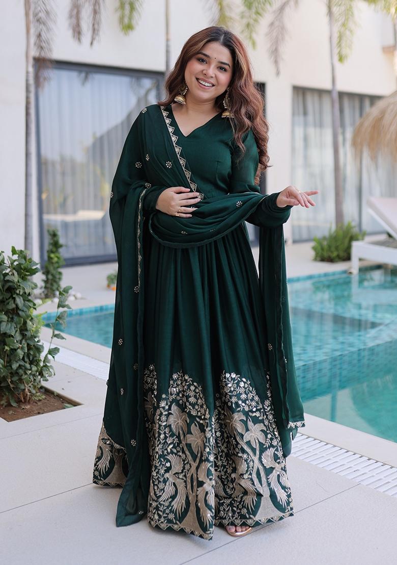 Green Embroidery Silk Gown With Dupatta - Indya