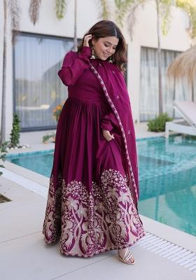 Wine Embroidery Silk Gown With Dupatta