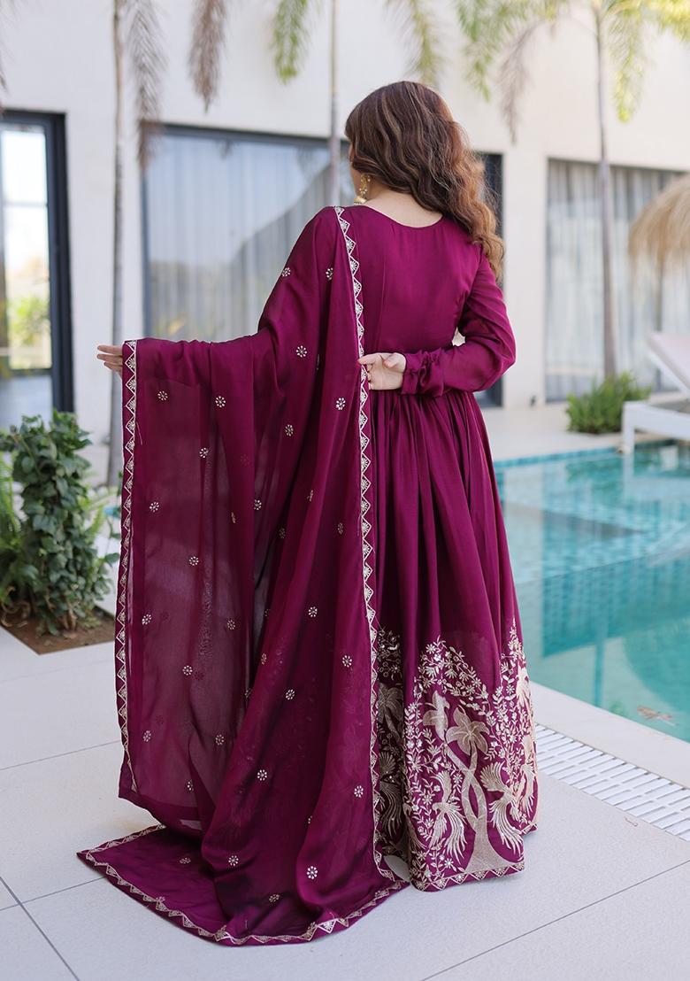 Wine Embroidery Silk Gown With Dupatta - Indya