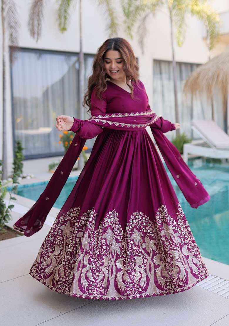 Wine Embroidery Silk Gown With Dupatta - Indya
