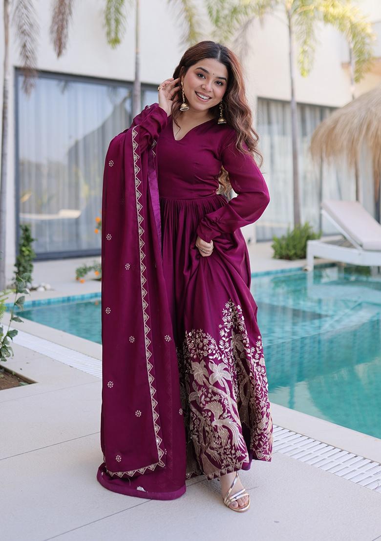 Wine Embroidery Silk Gown With Dupatta - Indya