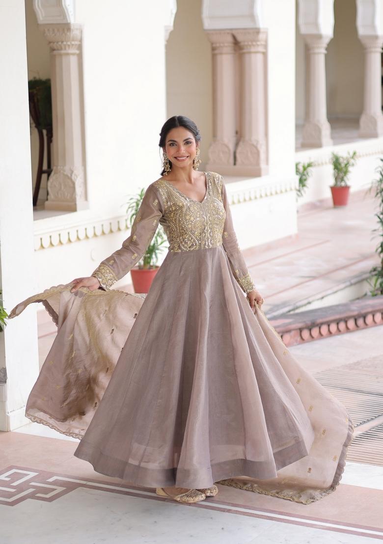 Grey Embroidery Silk Gown With Dupatta - Indya