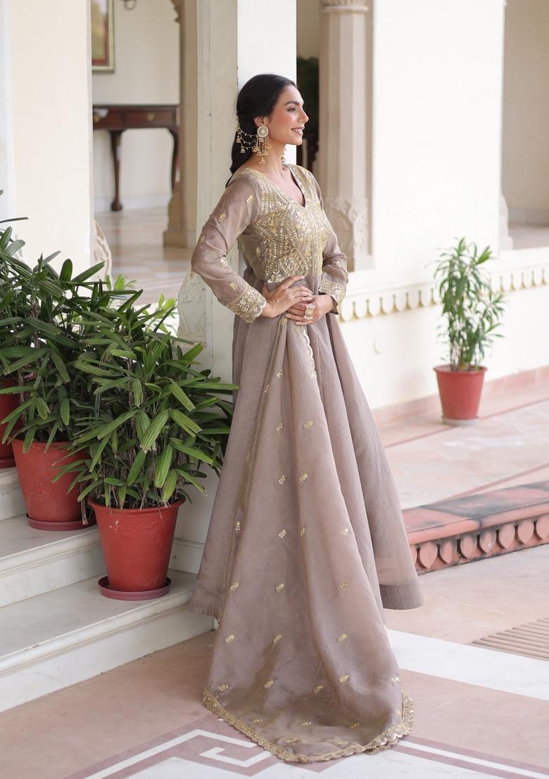 Grey Embroidery Silk Gown With Dupatta - Indya