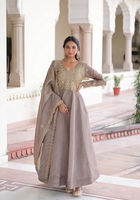 Grey Embroidery Silk Gown With Dupatta