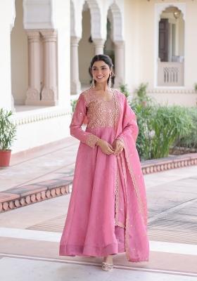 Pink Embroidery Silk Gown With Dupatta