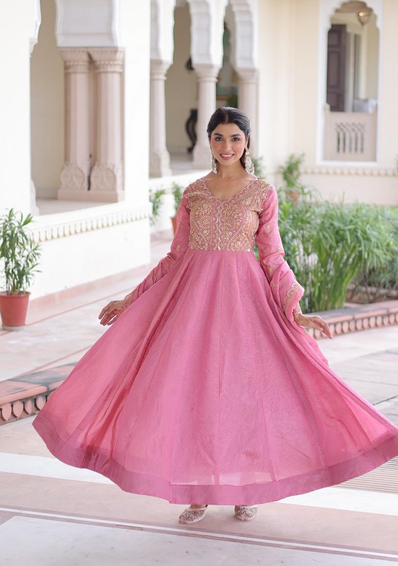 Pink Embroidery Silk Gown With Dupatta - Indya