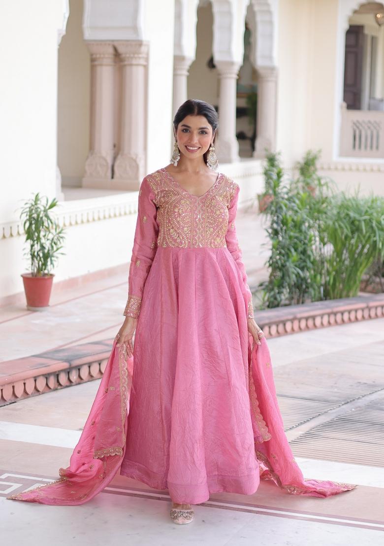 Pink Embroidery Silk Gown With Dupatta - Indya