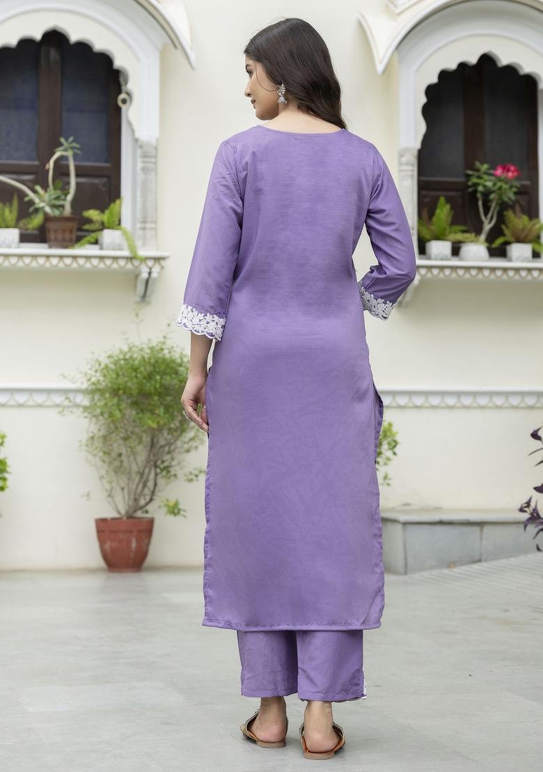 Lavender Embroidery Silk Kurta Set - Indya