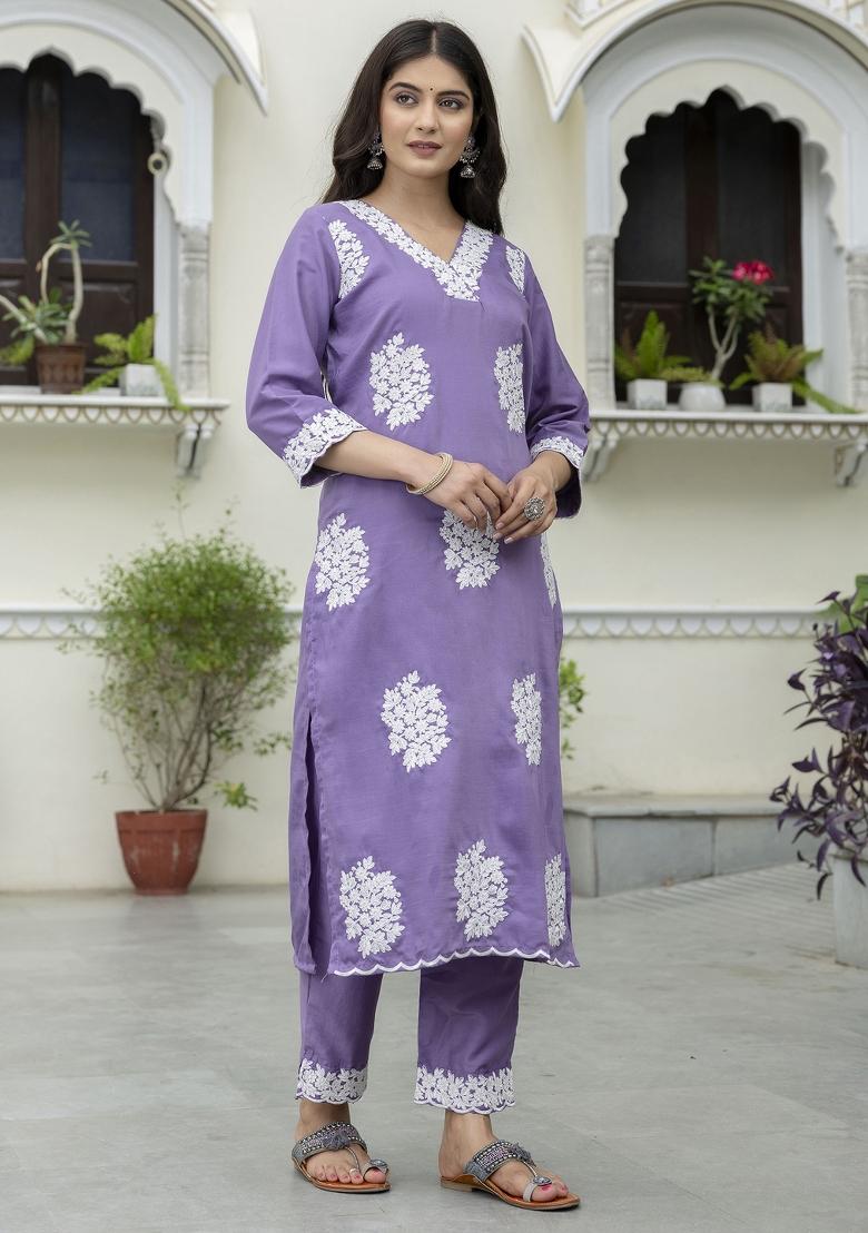 Lavender Embroidery Silk Kurta Set - Indya