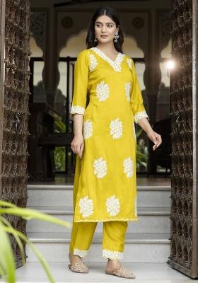 Yellow Embroidery Silk Kurta Set