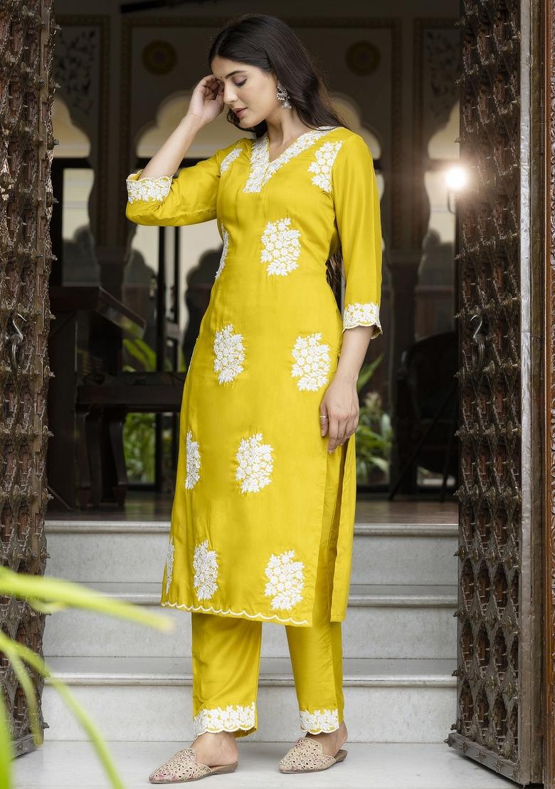 Yellow Embroidery Silk Kurta Set - Indya