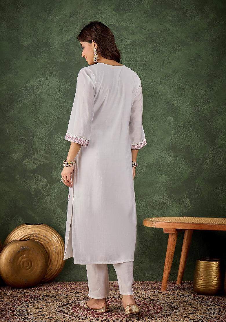 Off White Embroidery Silk Kurta Set - Indya