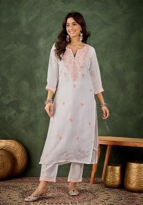 Off White Embroidery Silk Kurta Set