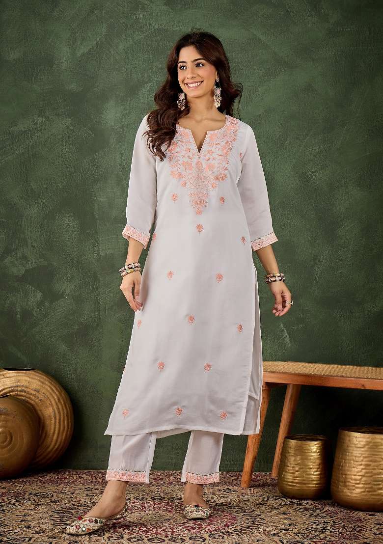 Off White Embroidery Silk Kurta Set - Indya