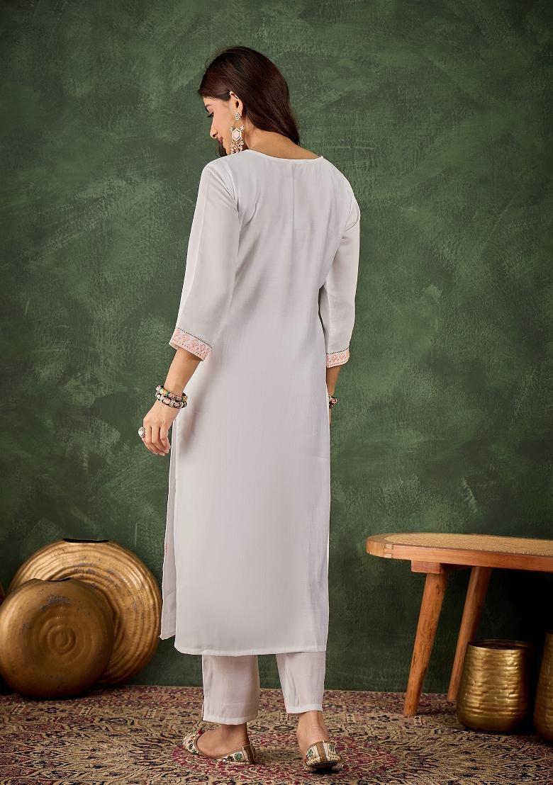Off White Embroidery Silk Kurta Set - Indya